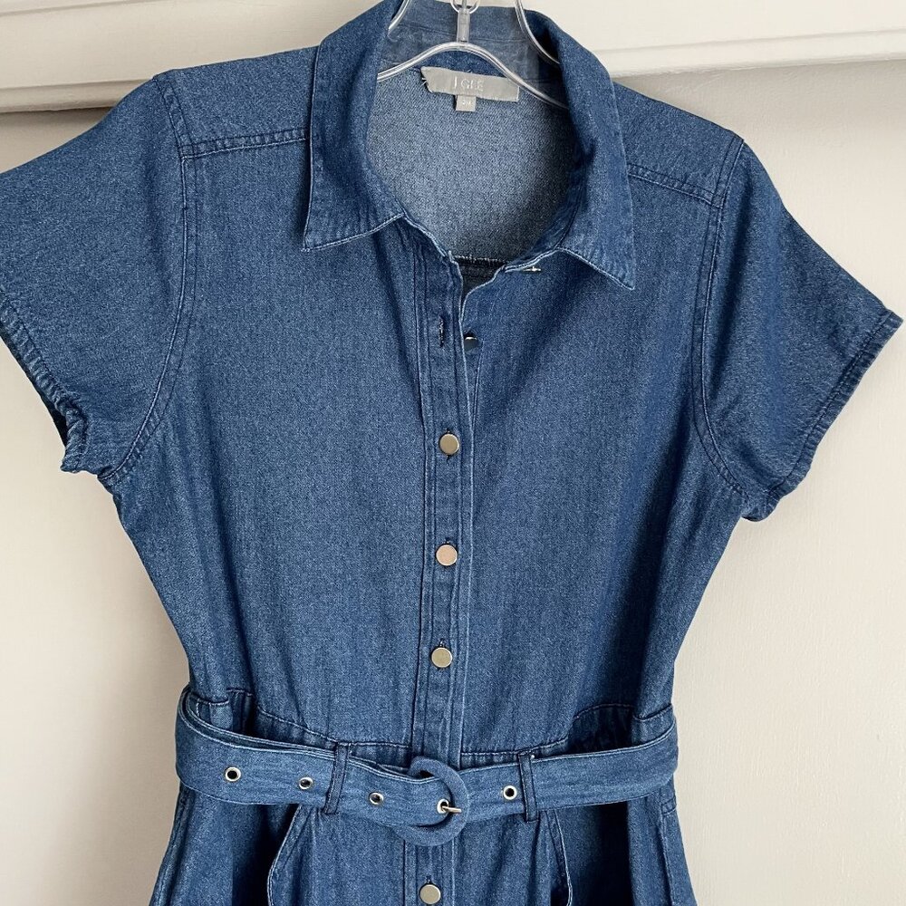 J GEE Denim Blue Jean Shirt Dress Size MP Short Sleeve Button Belted Pockets VTG - Picture 3 of 10
